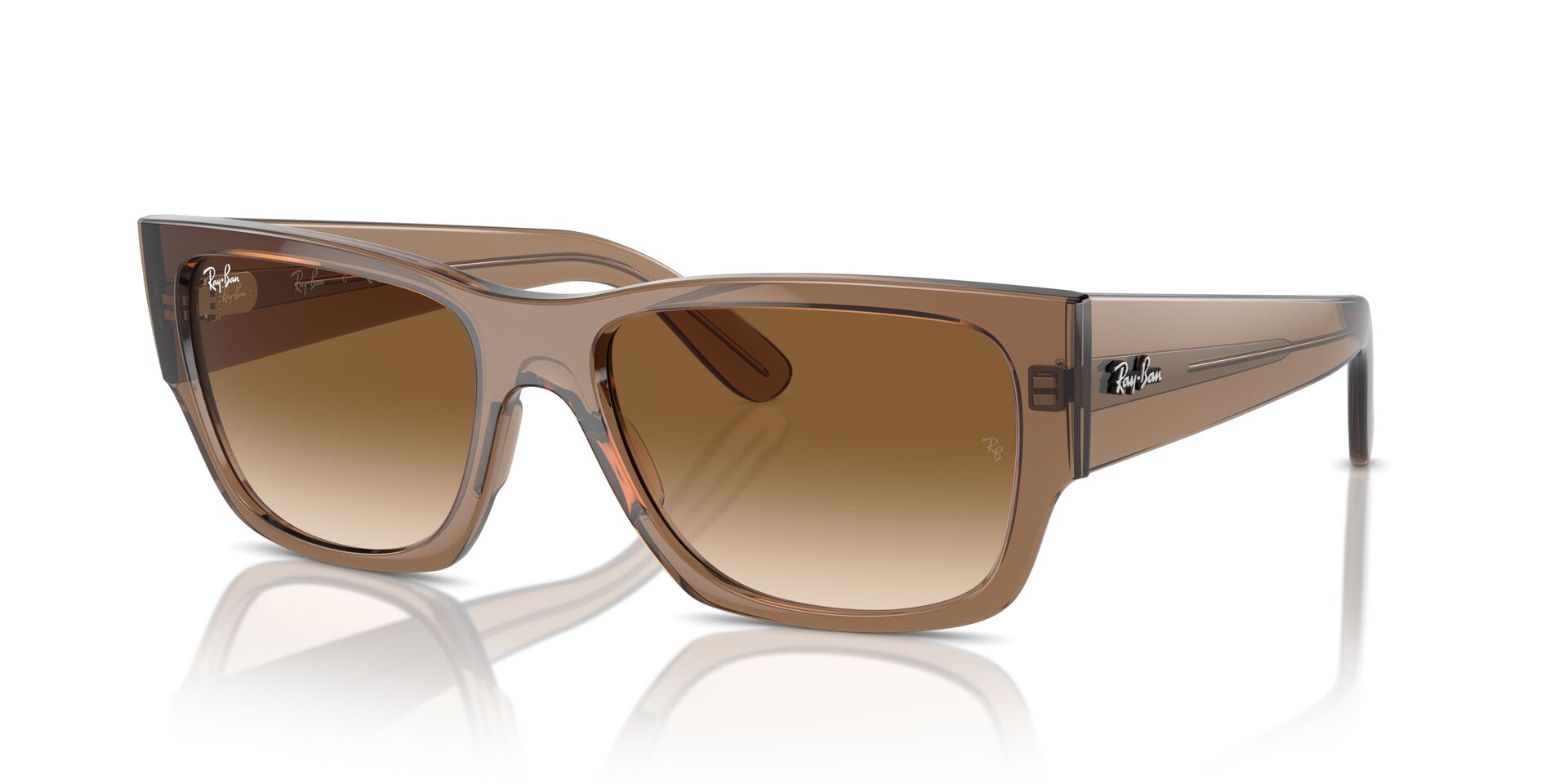 Das Bild zeigt die Sonnenbrille RB0947S von Ray-Ban in Hellbraun transparent.