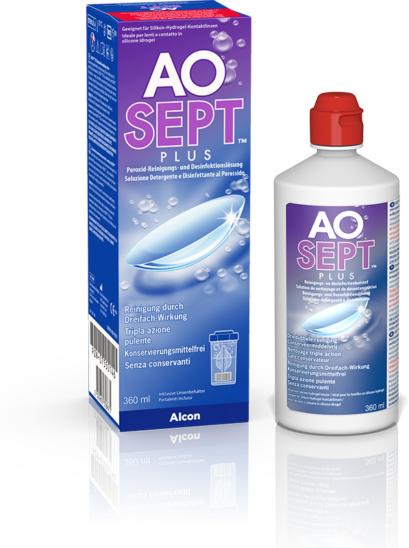 Das Bild zeigt die Flasche und die Verpackung des Aosept Plus 360ml.  