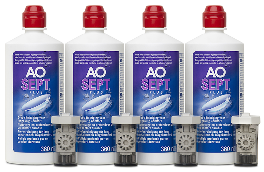 Das Bild zeigt vier Flaschen und Linsenbehälter des Pflegemittels Aosept Plus.