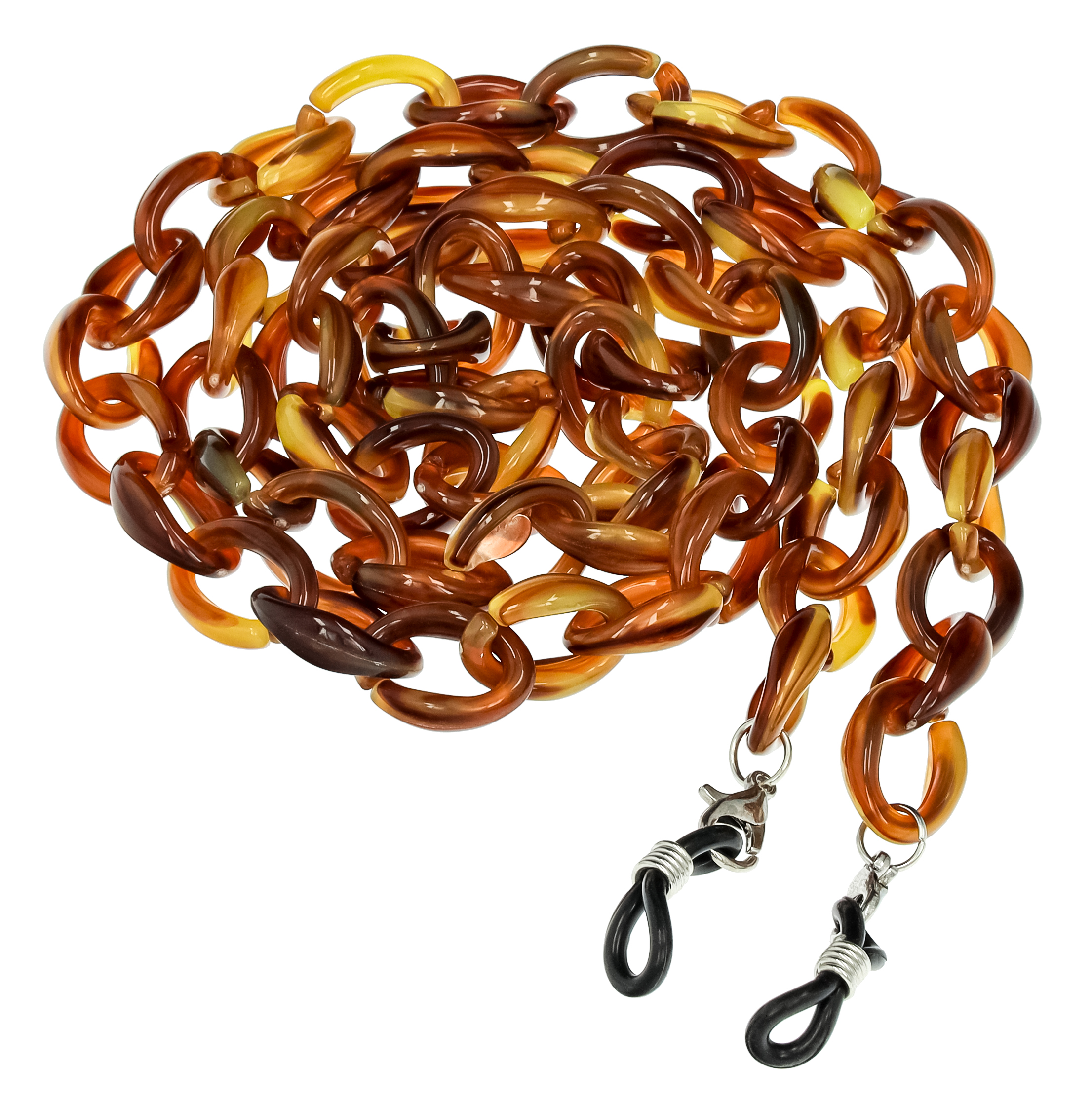 Das Bild zeigt eine braune Acryl-Brillenkette.