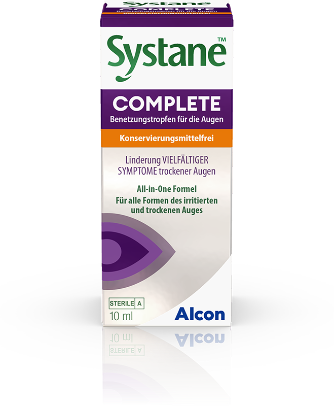Das Bild zeigt die Augentropfen Systane Complete Konservierungsmittelfrei von Alcon.