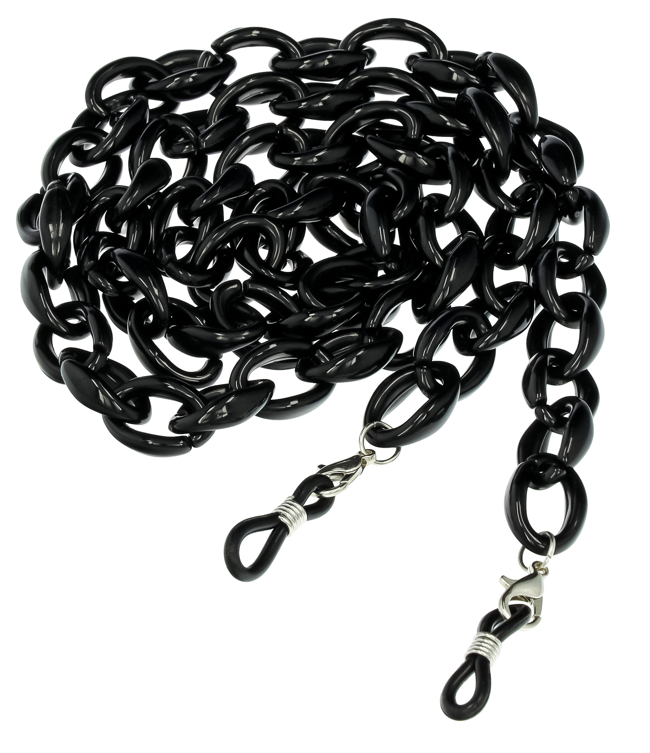 Das Bild zeigt eine Brillenkette aus Acryl in schwarz.