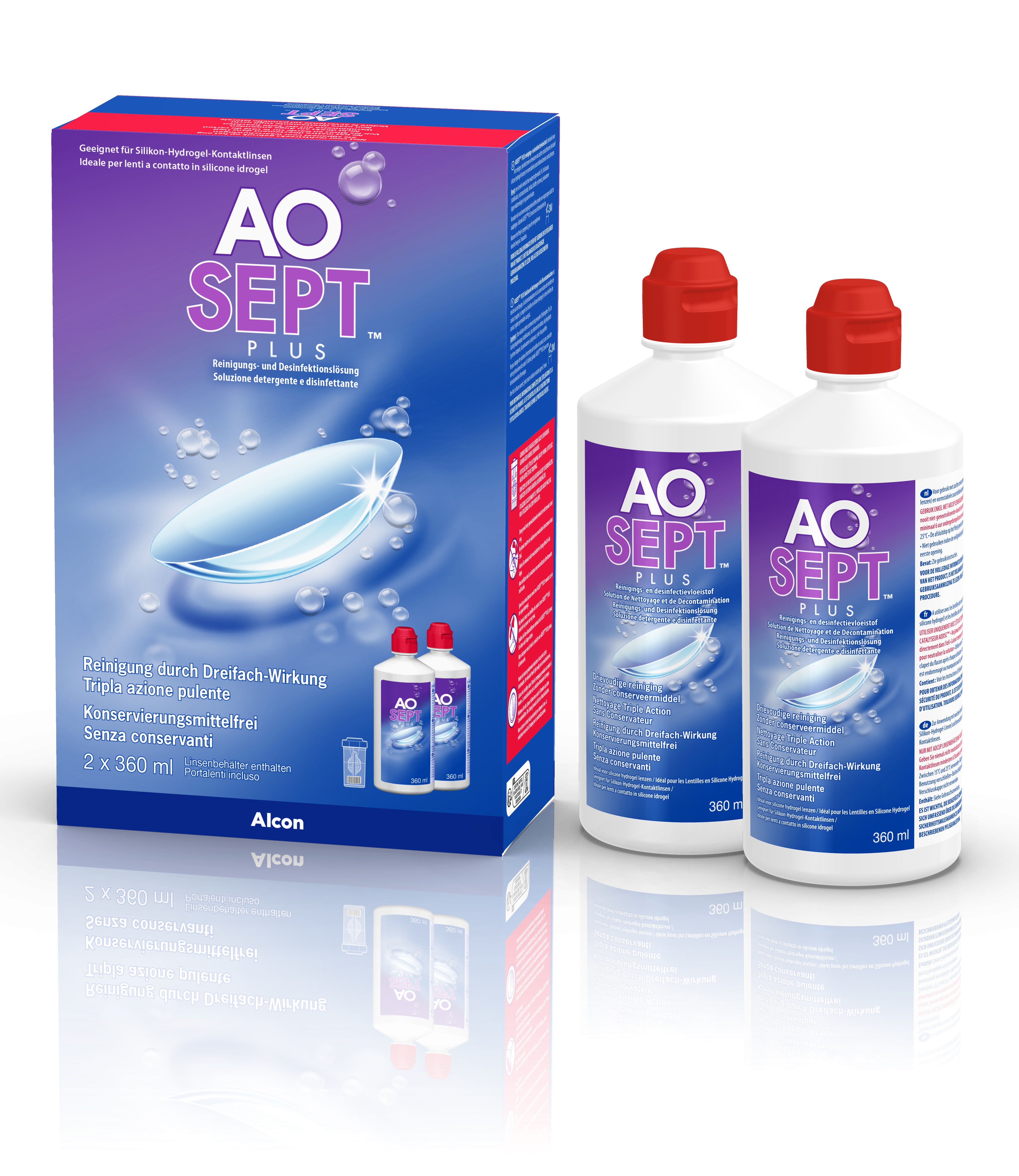 Das Bild zeigt die Flaschen und die Verpackung des Aosept Plus Doppelpacks.  