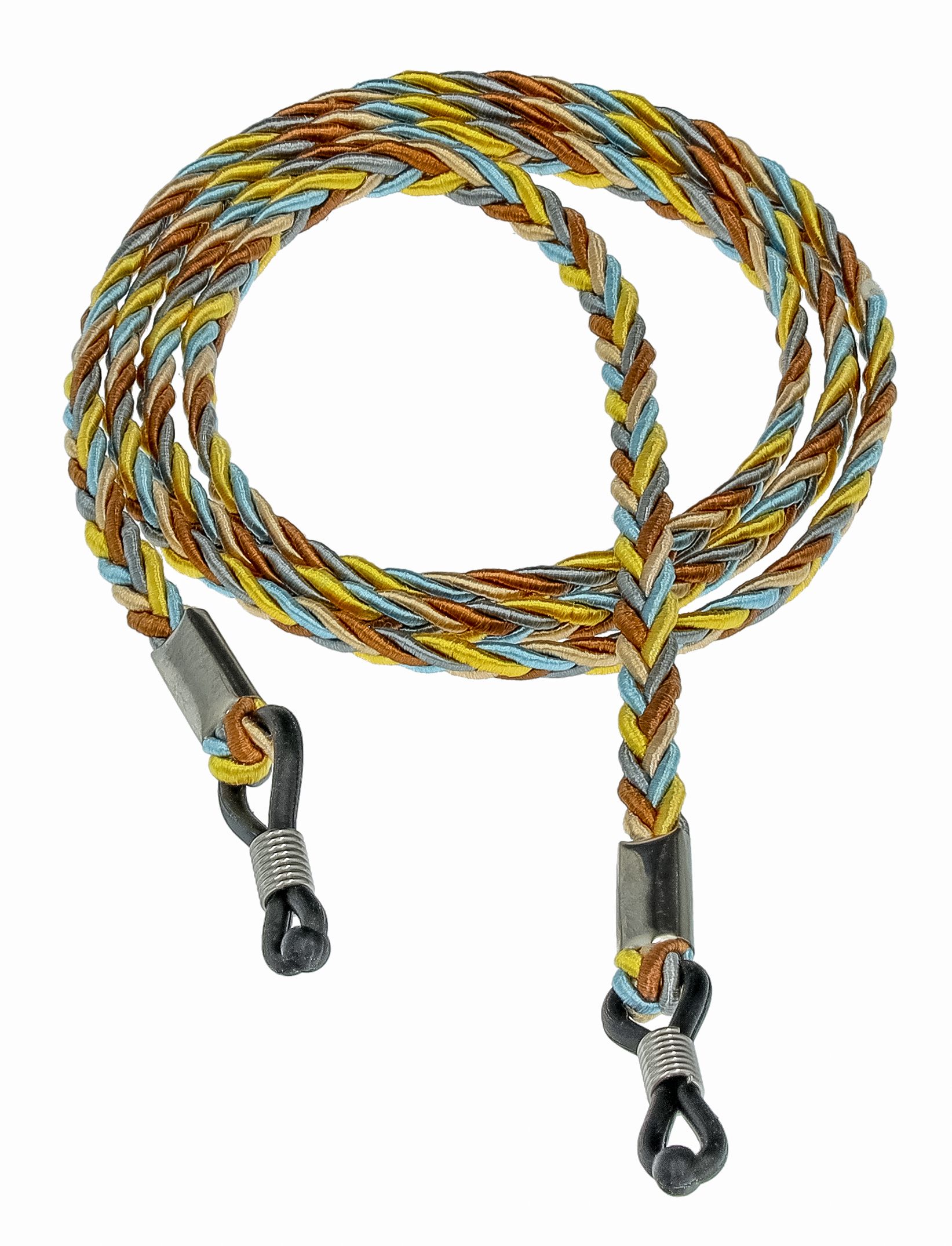 Das Bild zeigt ein Brillenband in den Farben Gold, Blau und Beige.