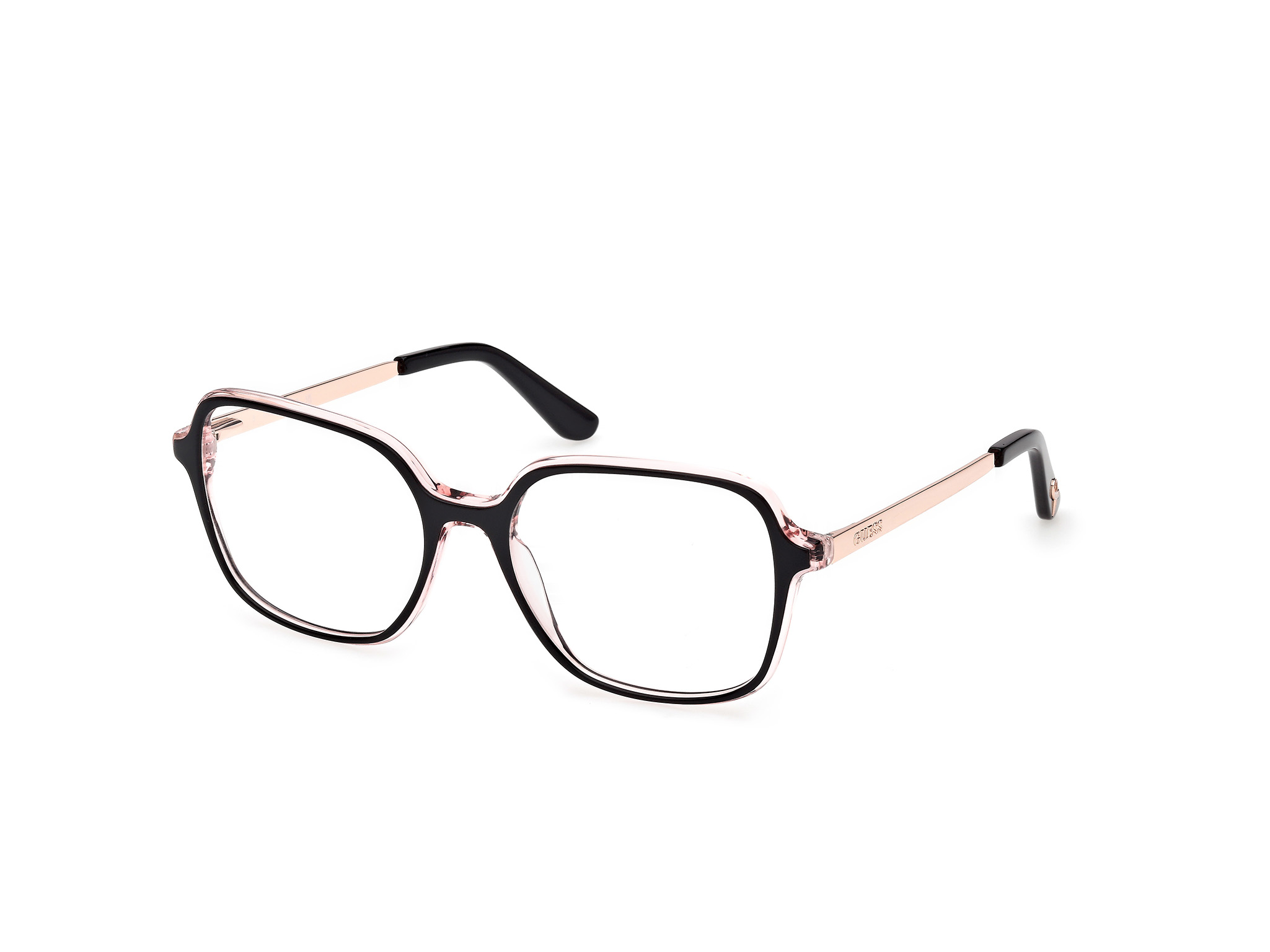Auf diesem Bild sehen Sie die Korrektionsbrille 50320 von Guess in der Farbe Rosegold/Schwarz.