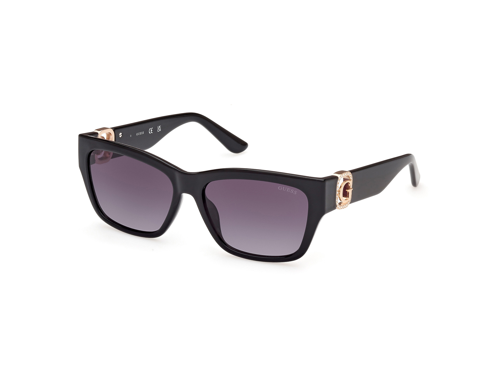Das Bild zeigt die Sonnenbrille GU00105 01B von der Marke Guess in Schwarz.