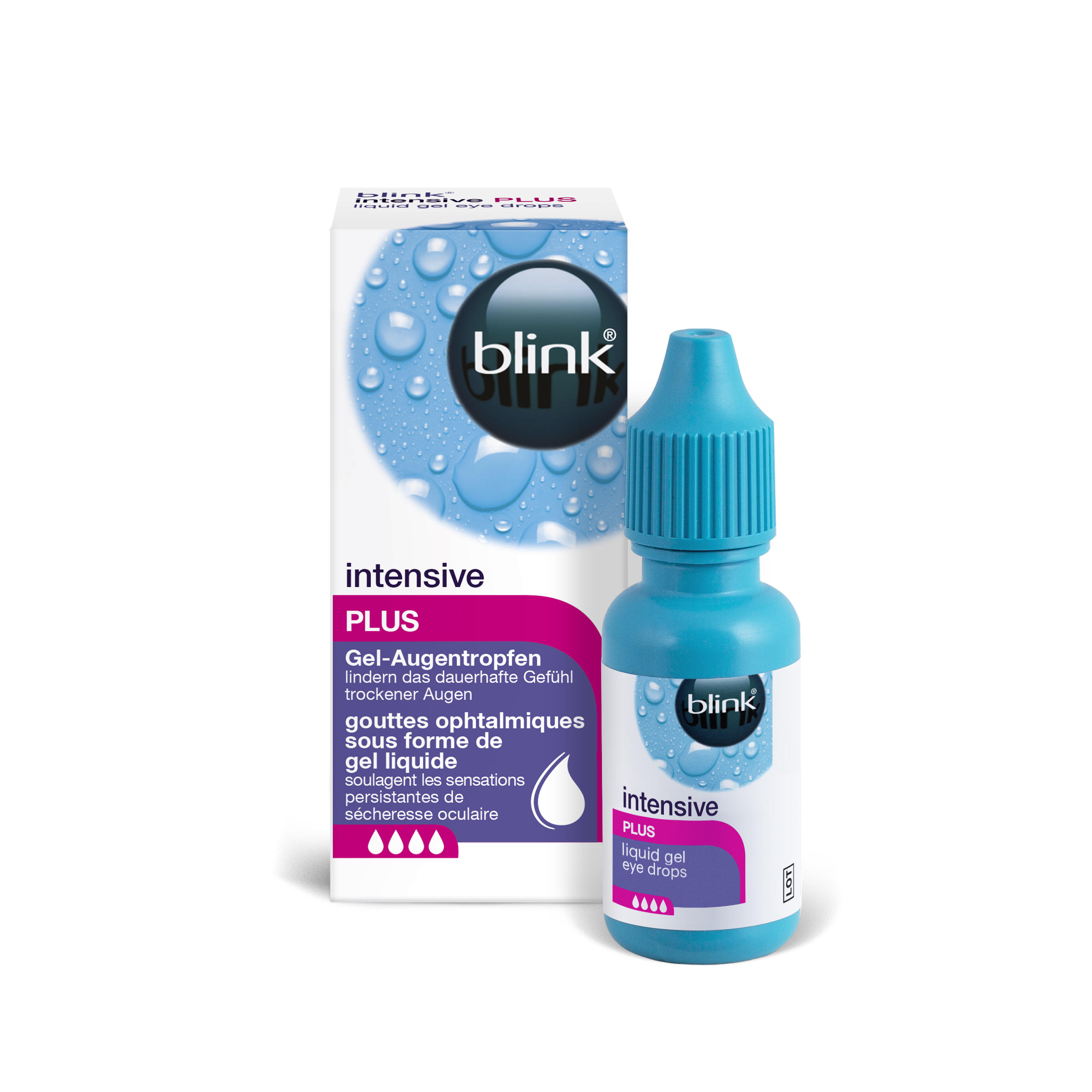 Zu sehen sind Flasche und Verpackung der blink intensive PLUS Gel-Augentropfen.