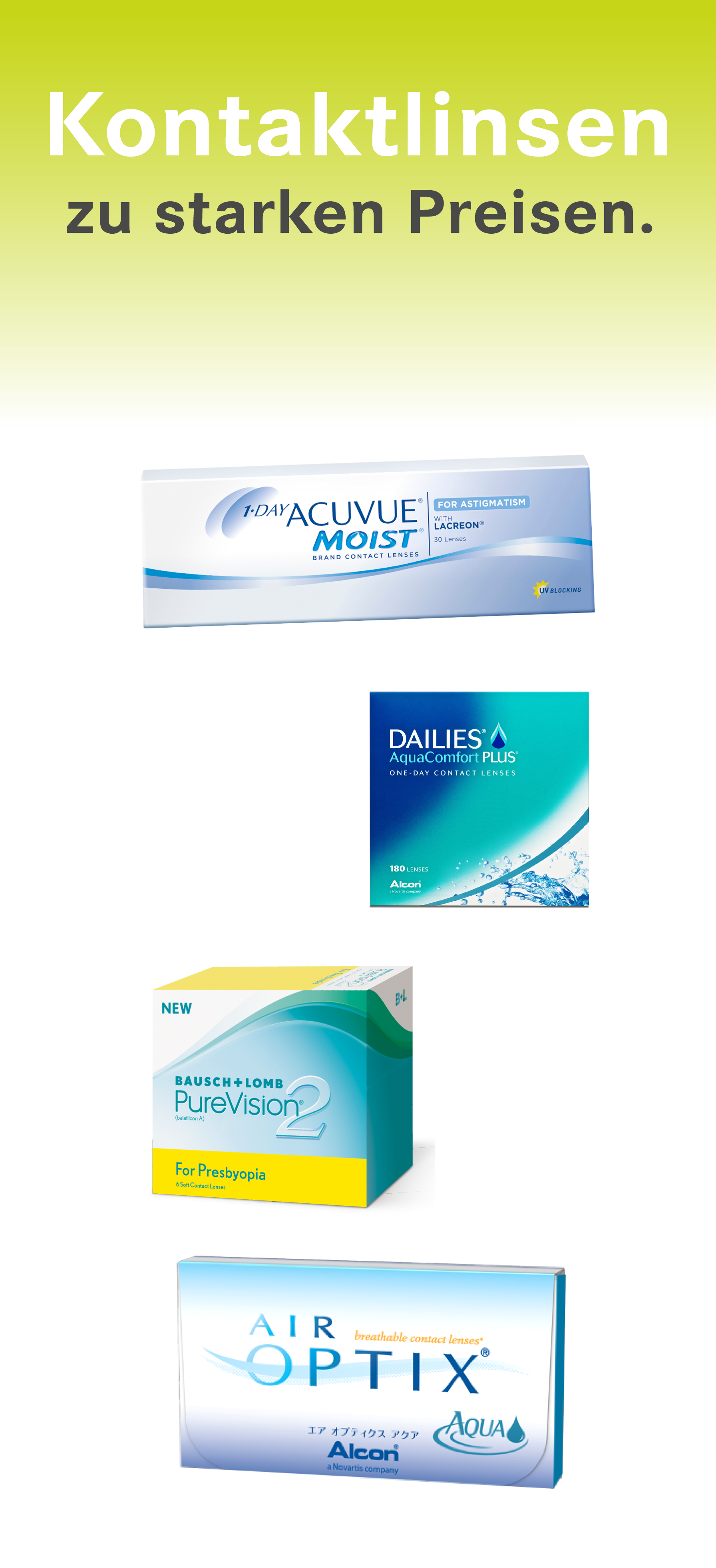 Das Bild zeigt eine Auswahl der beliebtesten Kontaktlinsenmarken.