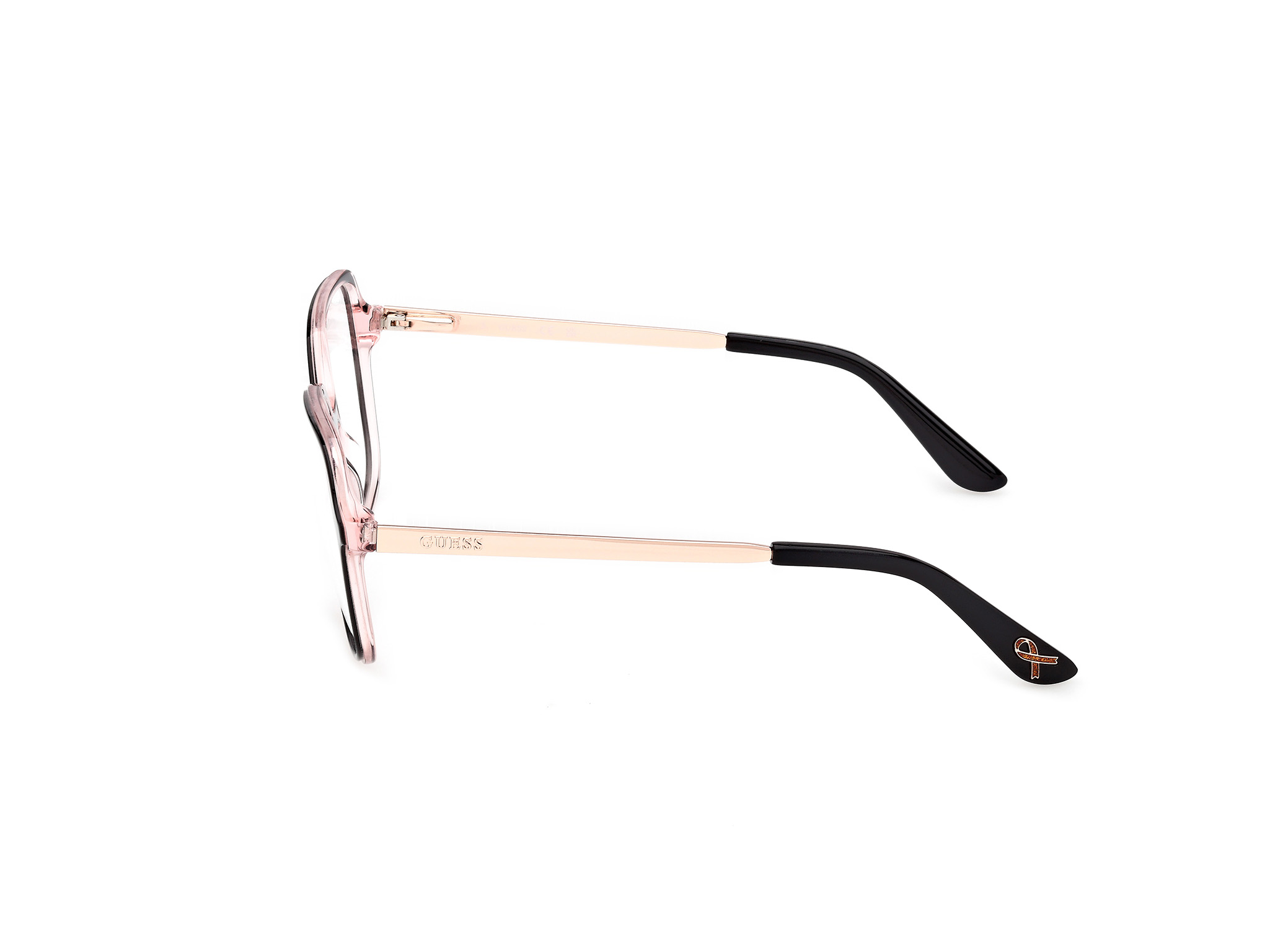 Auf diesem Bild sehen Sie die Korrektionsbrille 50320 von Guess in der Farbe Rosegold/Schwarz.