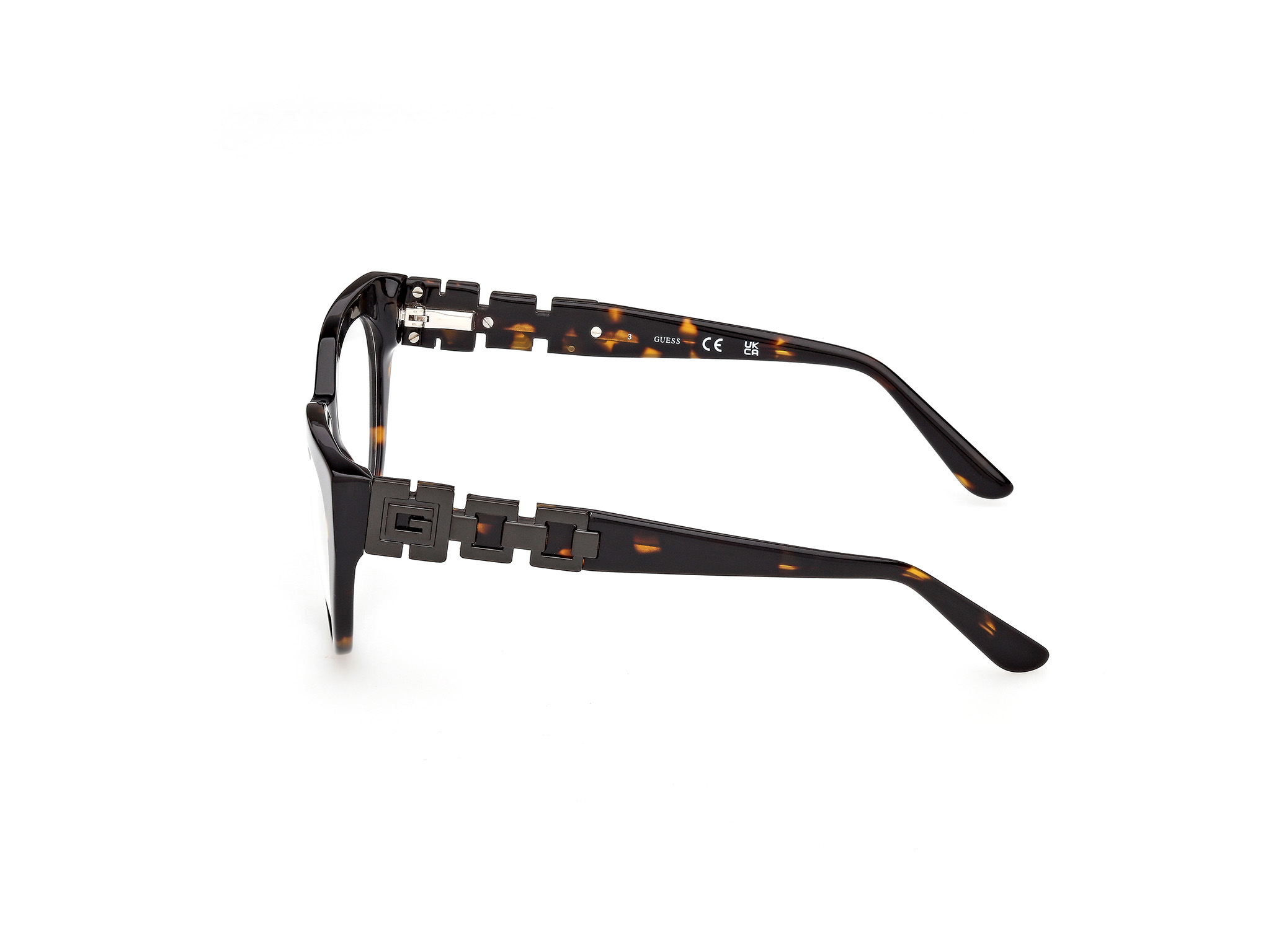 Auf diesem Bild sehen Sie die Korrektionsbrille 50323 von Guess in der Farbe Dunkel-Havanna.