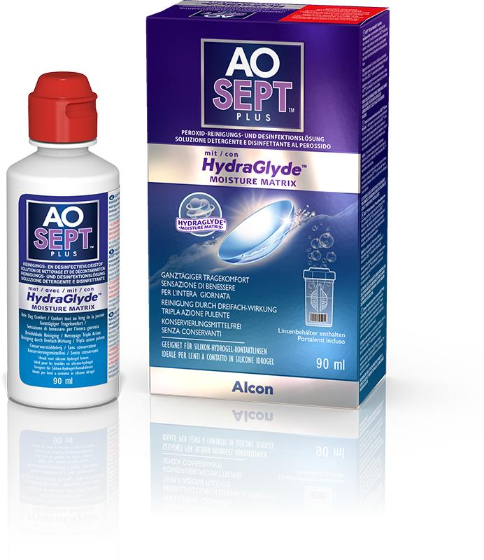 Das Bild zeigt das Pflegemittel Aosept plus HydraGlyde von Alcon.
