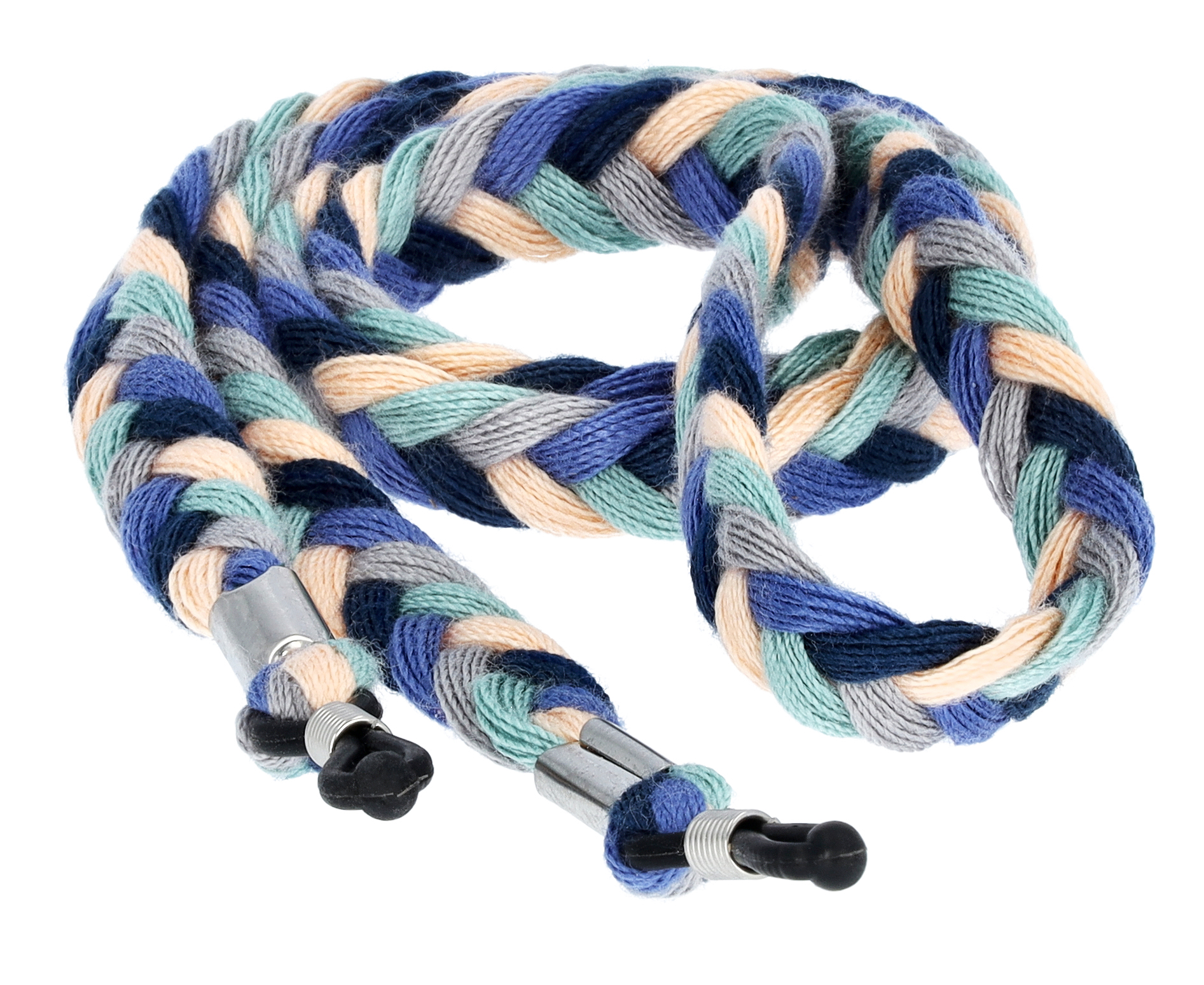 Das Bild zeigt ein Brillenband in  blau-schwarz-grau geflochten.